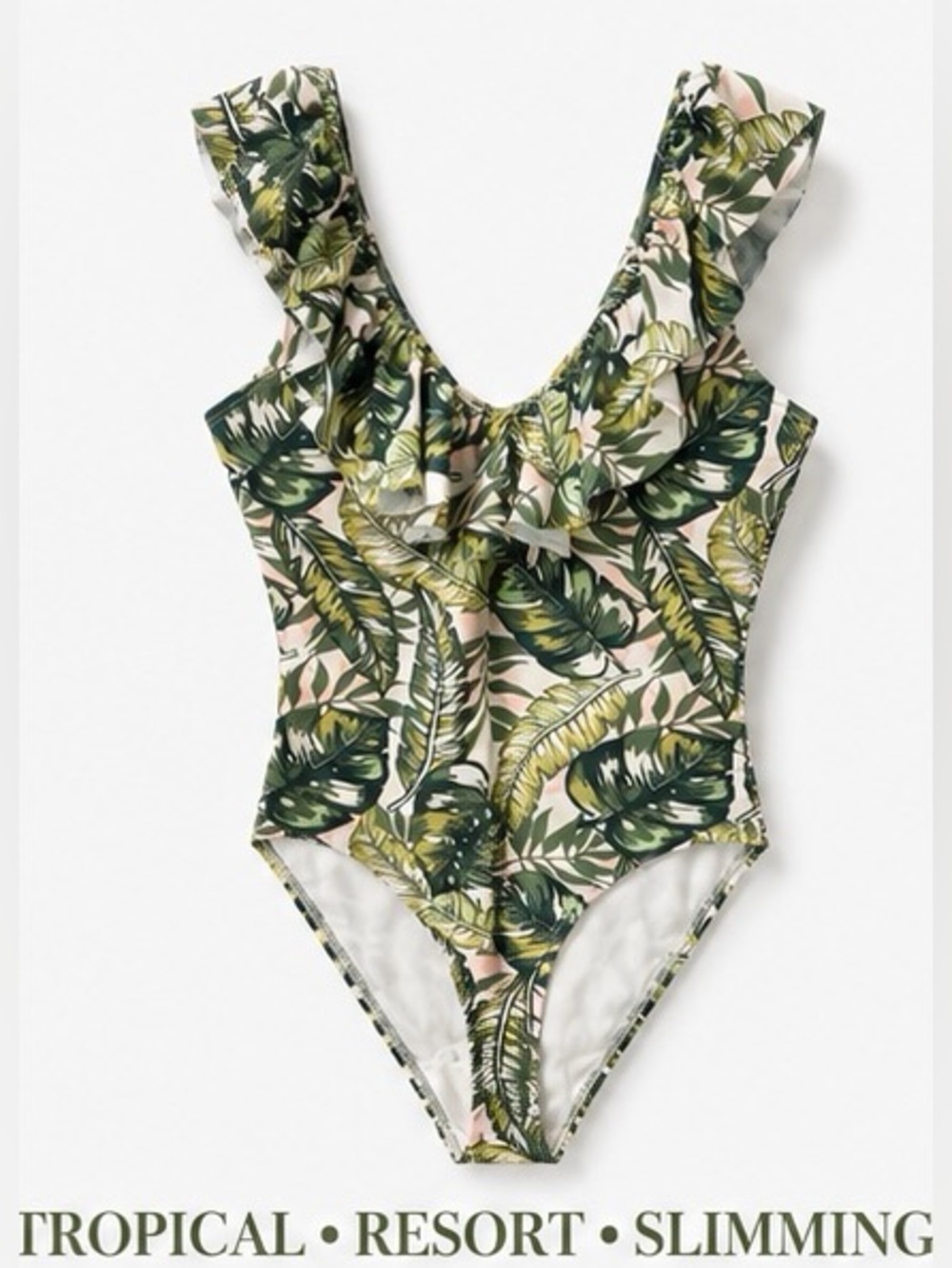 Tropical Leaf Ruffle One-Piece Swimsuit - Green